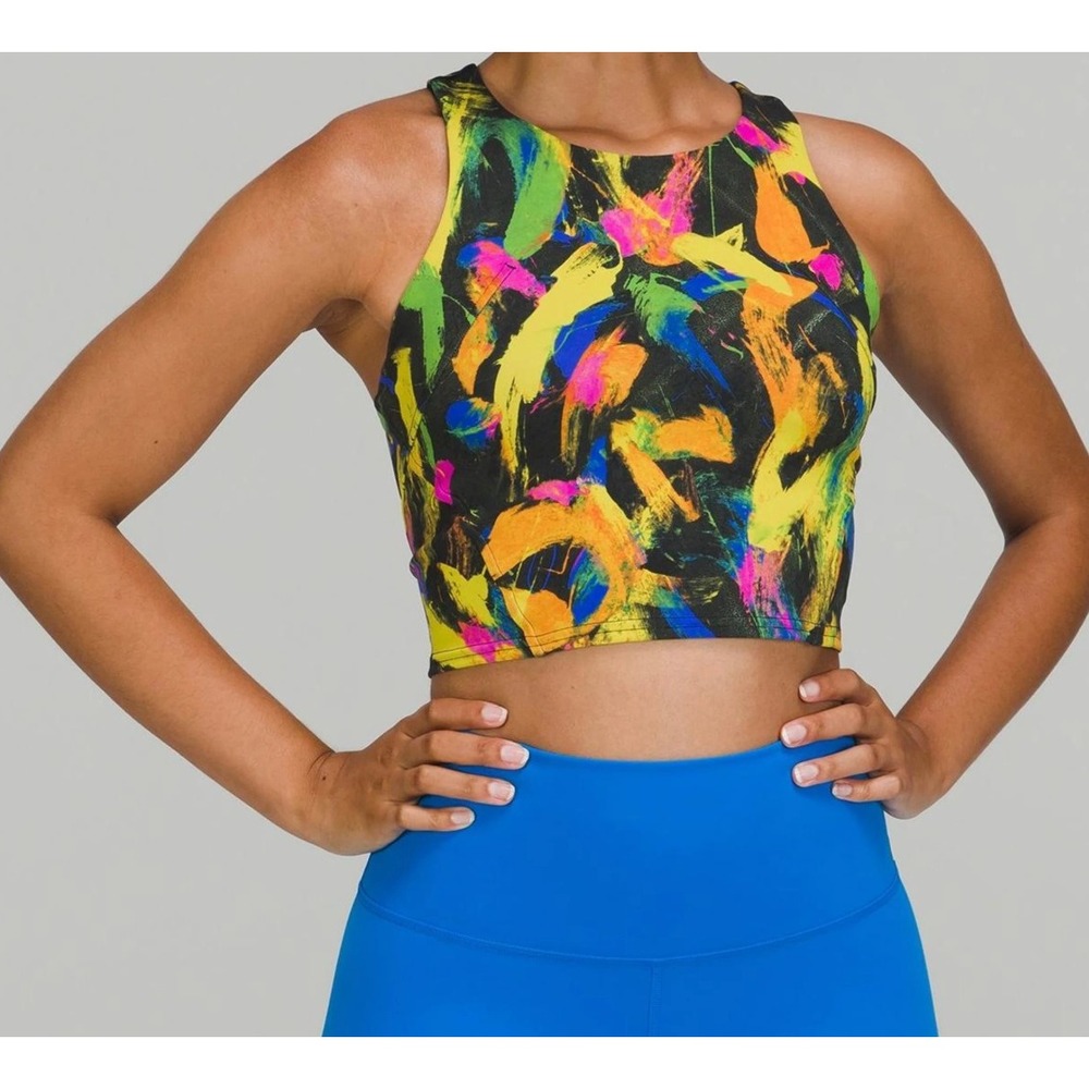 Lululemon High Neck Tank Top Size 4 Built-In Bra Crop Multicolor Brushstroke